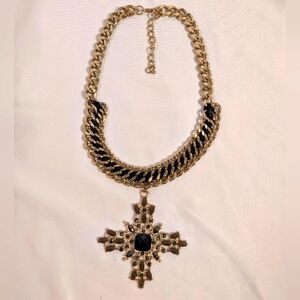 Gold-Tone Statement Necklace with Black & Smoky Gray Cross Pendant